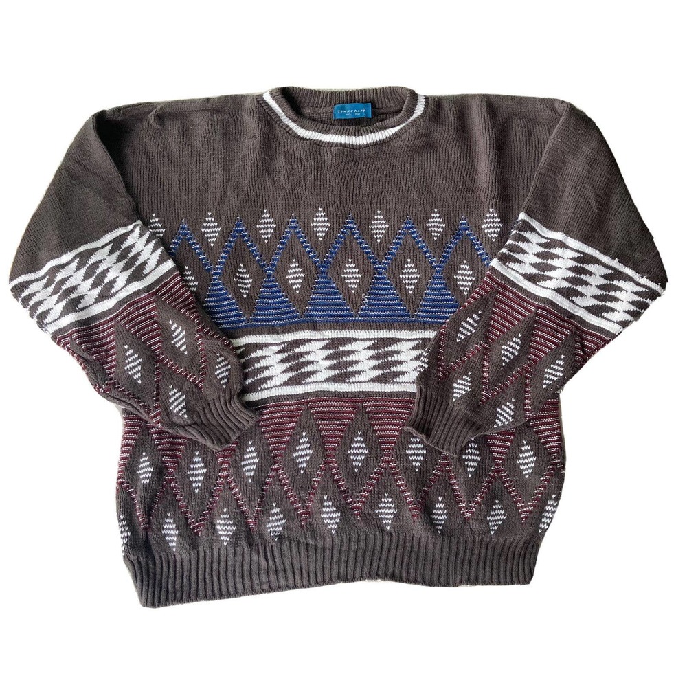 Vintage Town Craft Cosby Mens Sweater Knit Sz Large Grey Patriotic Abstract 90s